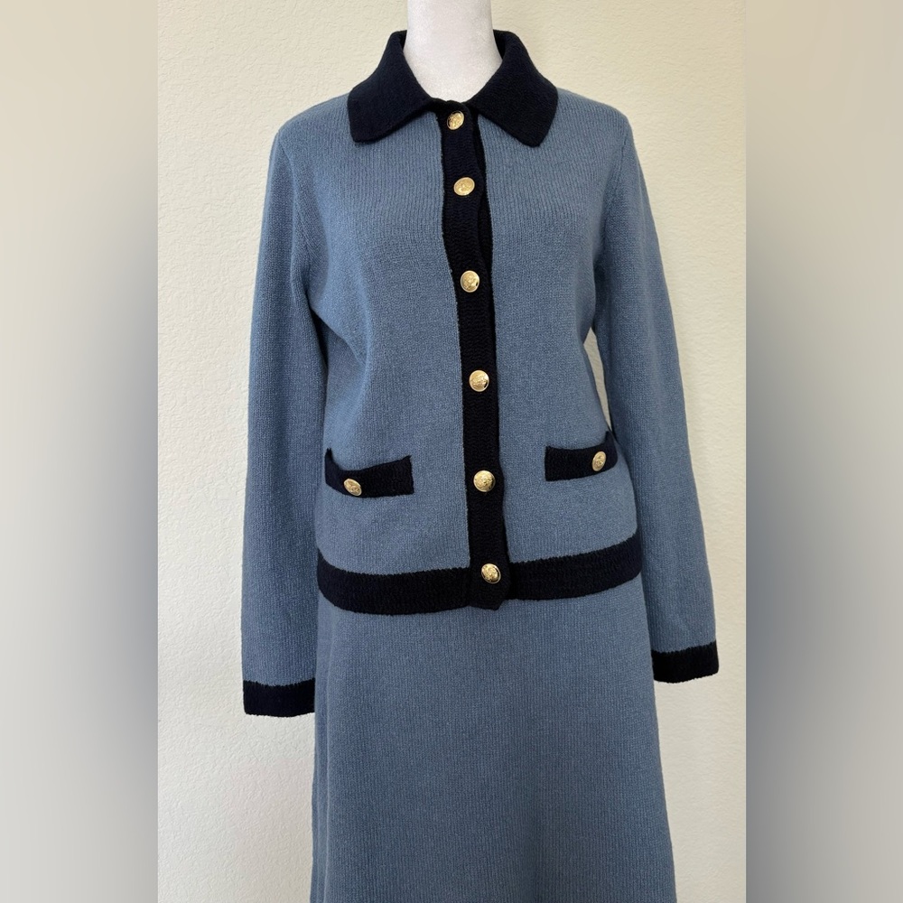 Talbots Blue Knit Button-Front Jacket with Black Trim
